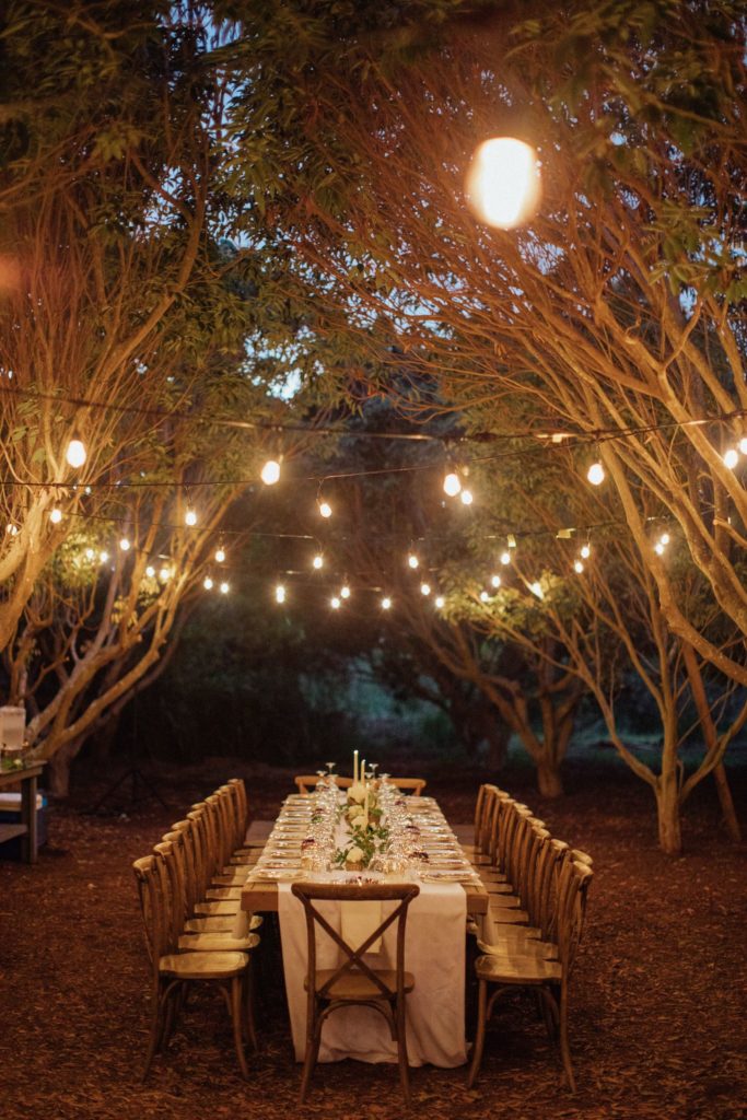 Reception table at night with fairy lights